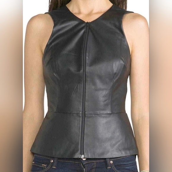 Trina Turk Genuine Leather Casual Cropped Biker short peplum top Size 2